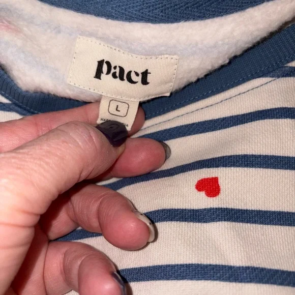 Pact Organic Crewneck Cotton Striped Heart Sweatshirt Blue White Size Large - Picture 5 of 6
